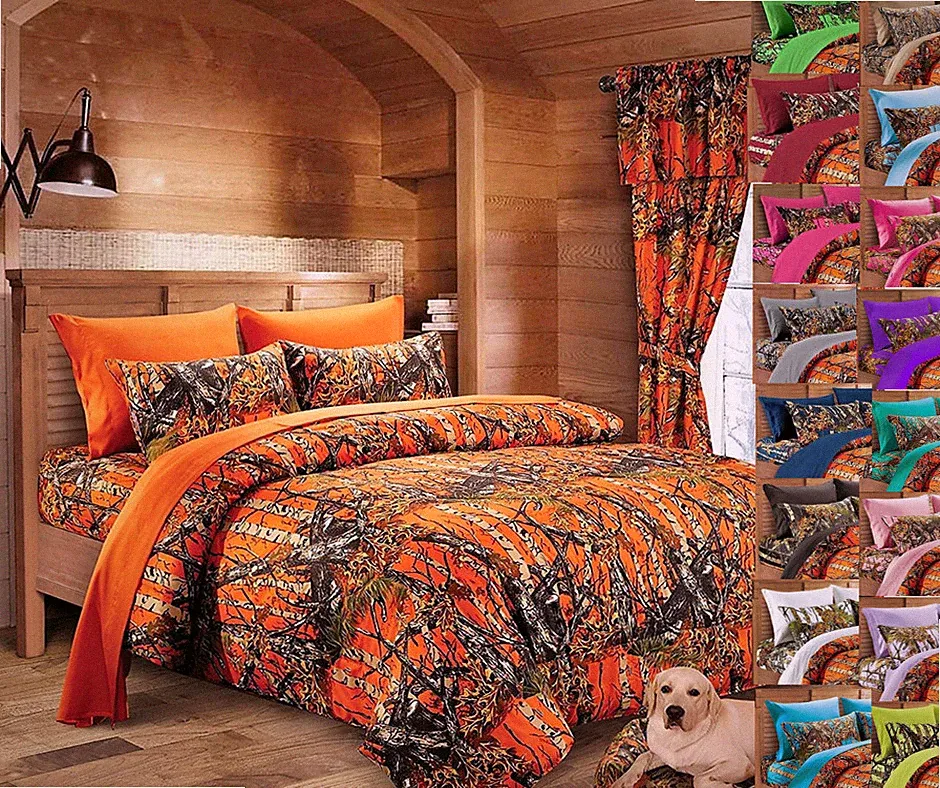 7 PC QUEEN ORANGE CAMO BEDDING SET! COMFORTER SHEET BED CAMOUFLAGE MICROFIBER