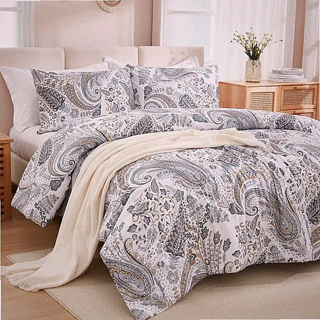 Boho Grey Blue Paisley King Comforter Set - 100% Cotton Reversible Bedding