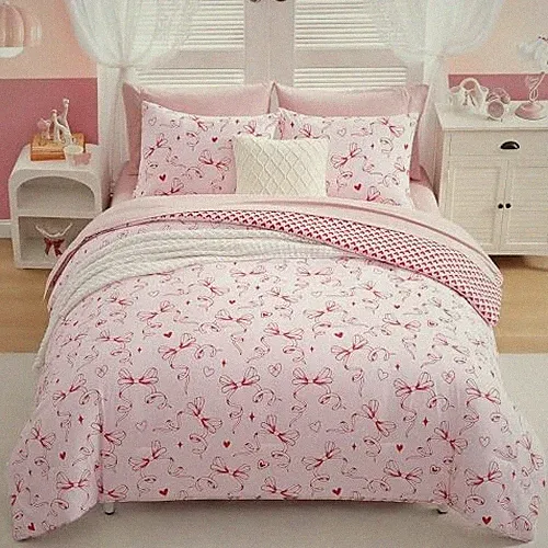 Comforter Set for Girls Bedding Set Reversible with Cute Heart, Twin XL Red Bow