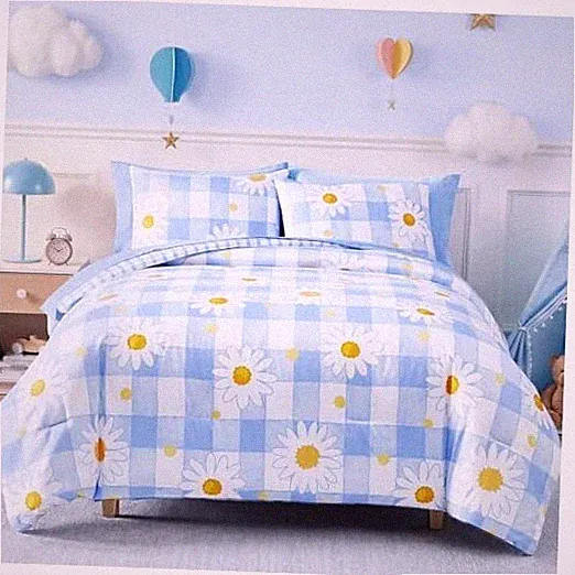 Comforter Set for Girls Reversible Bedding Set, All Twin XL Blue Plaid Daisy
