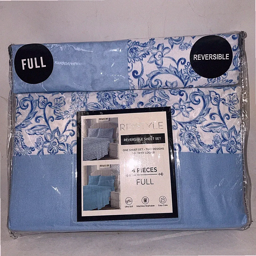 Full Size Reversible Sheet Set Light Blue 4-Piece Soft Bedding New