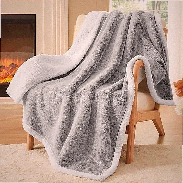 Grey Sherpa Fleece Throw Blanket Reversible Plush Faux Fur Soft Cozy Bed Sofa