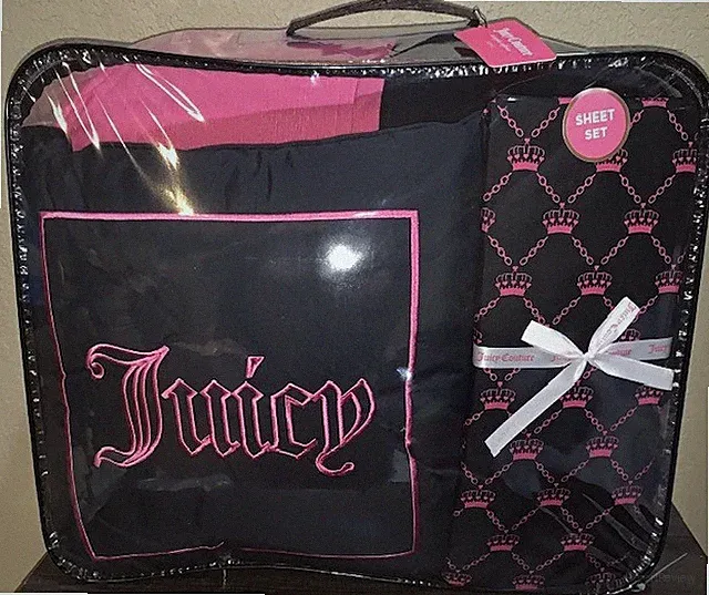 Juicy Couture Black/Pink 8pc QUEEN Reversible Comforter Set with Crown Sheets