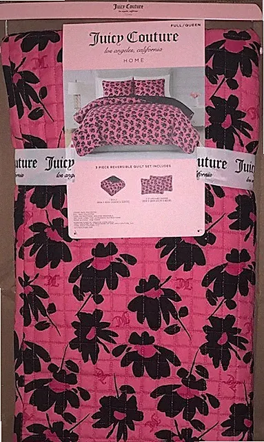 Juicy Couture Full/Queen Quilt Blanket &Shams Set Pink/Black Flowers & Monograms