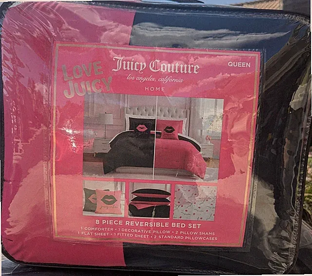 Juicy Couture Reversible Black/Pink Kisses QUEEN 8p Comforter Set Sheets&Pillow