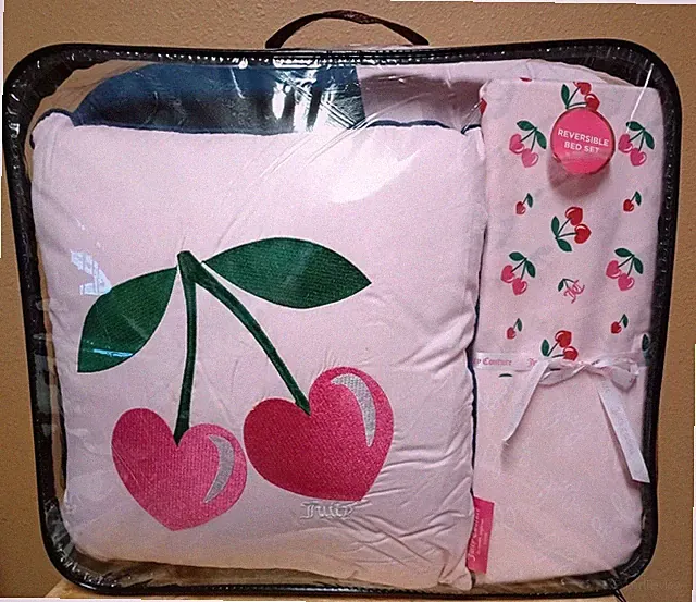 Juicy Couture Reversible Pink/Blue QUEEN 8p Comforter Set w/Cherry Sheets&Pillow