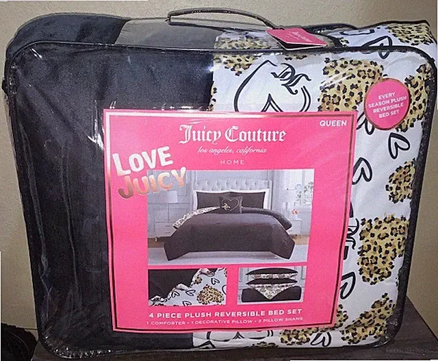 Juicy Couture Reversible QUEEN Comforter Set Plush Black/White w/Leopard Hearts