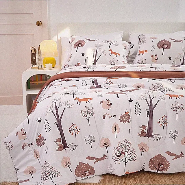 Kids Woodland Comforter Set for Boys Girls Twin Size, Cute Reversible Quilted Fo
