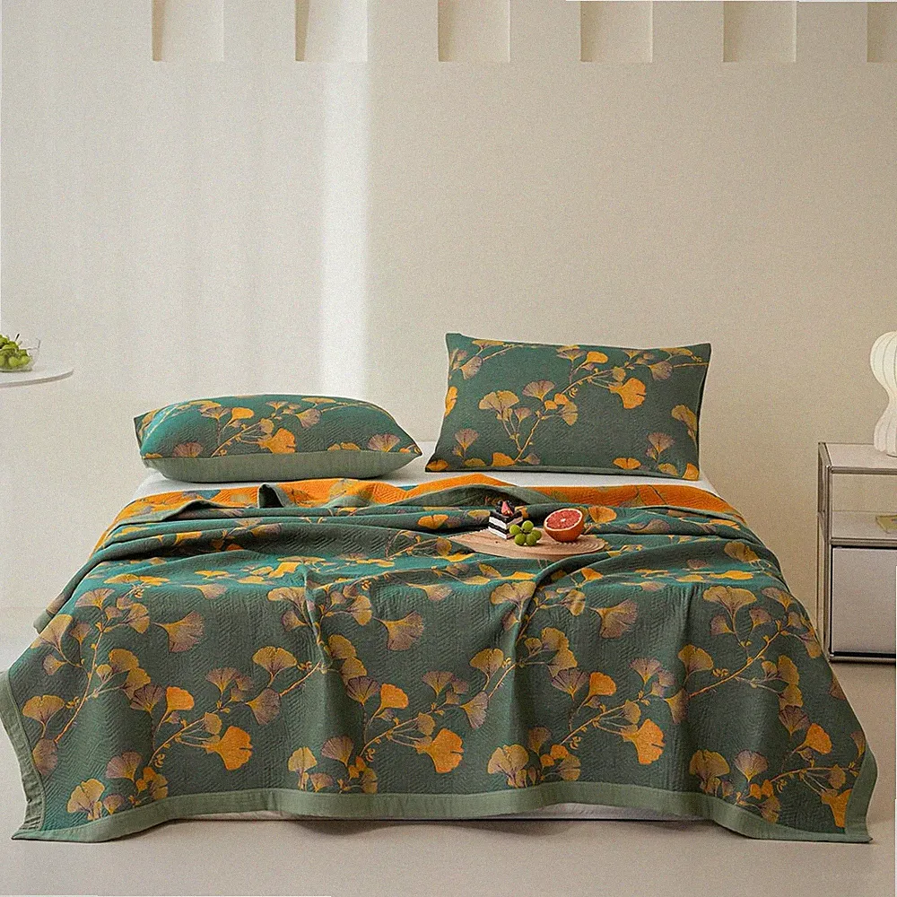 King 100% Cotton Ginkgo Floral Quilt Lightweight Muslin Reversible Bedding