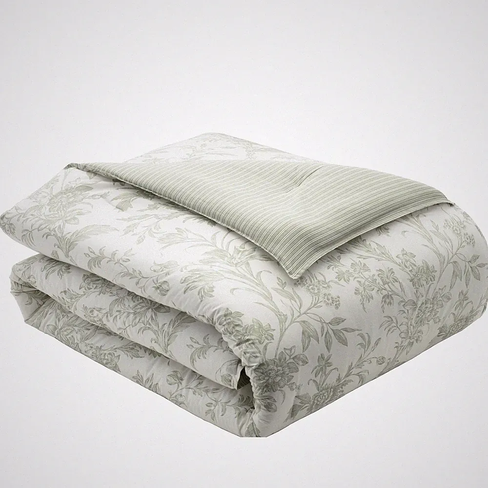 King Comforter Set Floral Toile Jade Green Cotton Reversible Bedding Decor