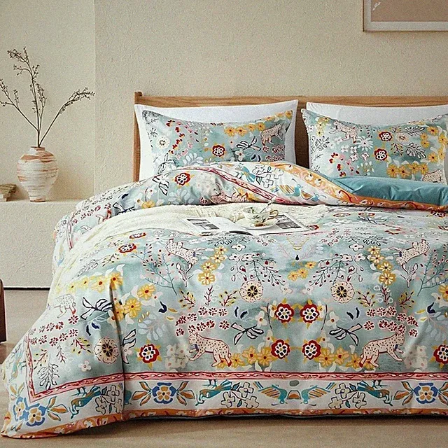 NEW Anthro Blue Jungle Multicolor Boho Queen / King Bedding Duvet & Sham Case