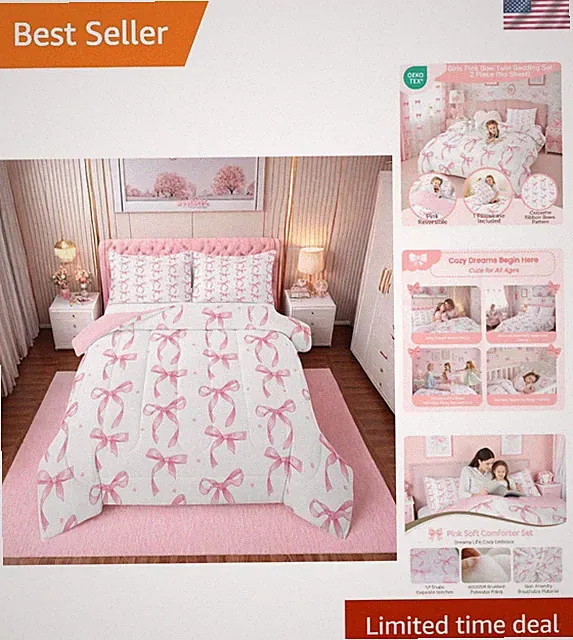 Pink Bow Bed Set Twin Bedding Comforter Set for Girls Kids Room Decor