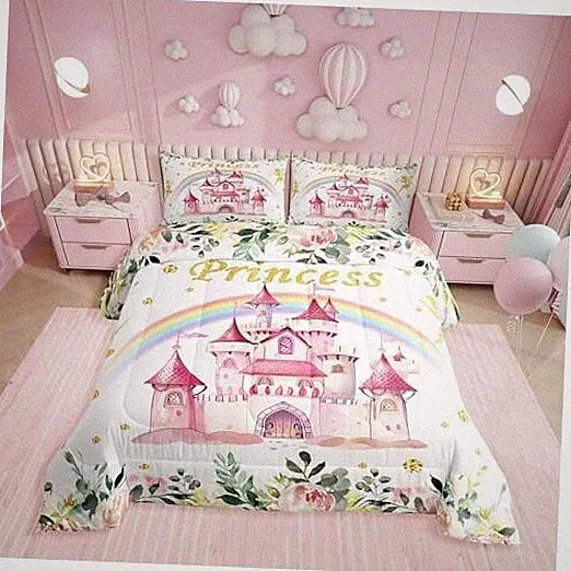 Princess Bedding Sets for Girls,Pink Fairy Castle Comforter Twin Pink White