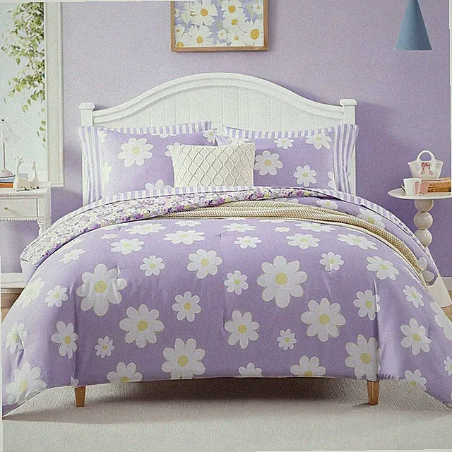 Queen Comforter Sets for Girls, Purple Daisy Kids Bedding Set Reversible with Cu