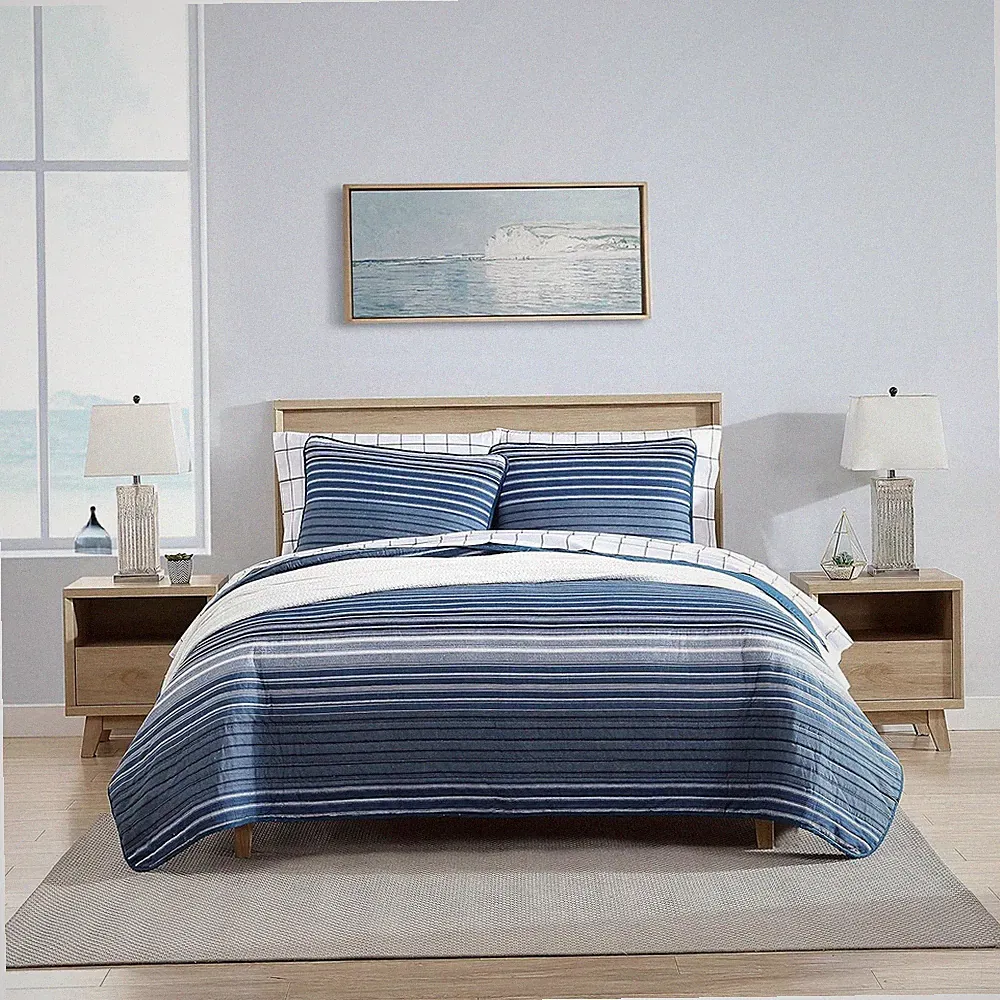 Quiled Cotton Reversible Bedding with King Dark Blue/Medium Blue WITH SHAMS