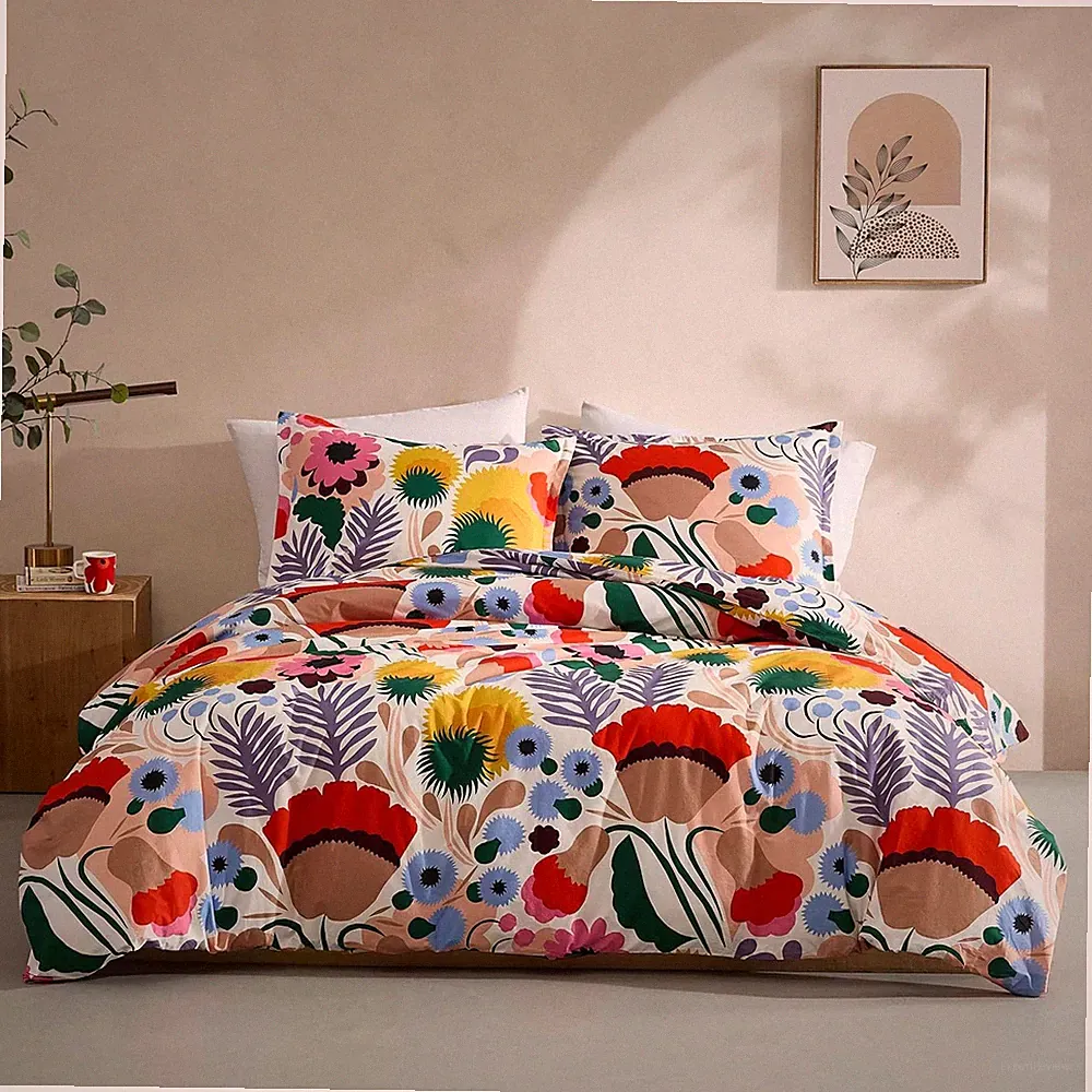 Reversible Floral Cotton Percale Duvet Cover Set with Shams - Full/Queen