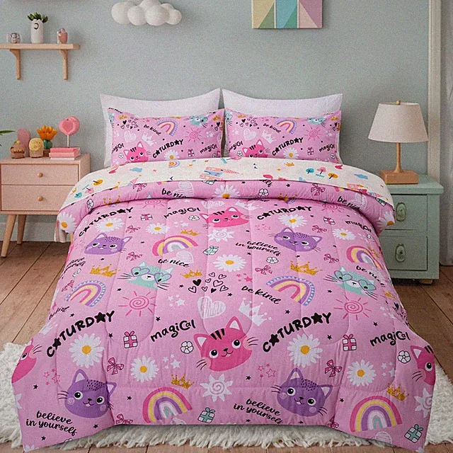 Twin Pink Cartoon Cat Reversible Comforter Set for Boys Girls , 5 Pieces Rain...