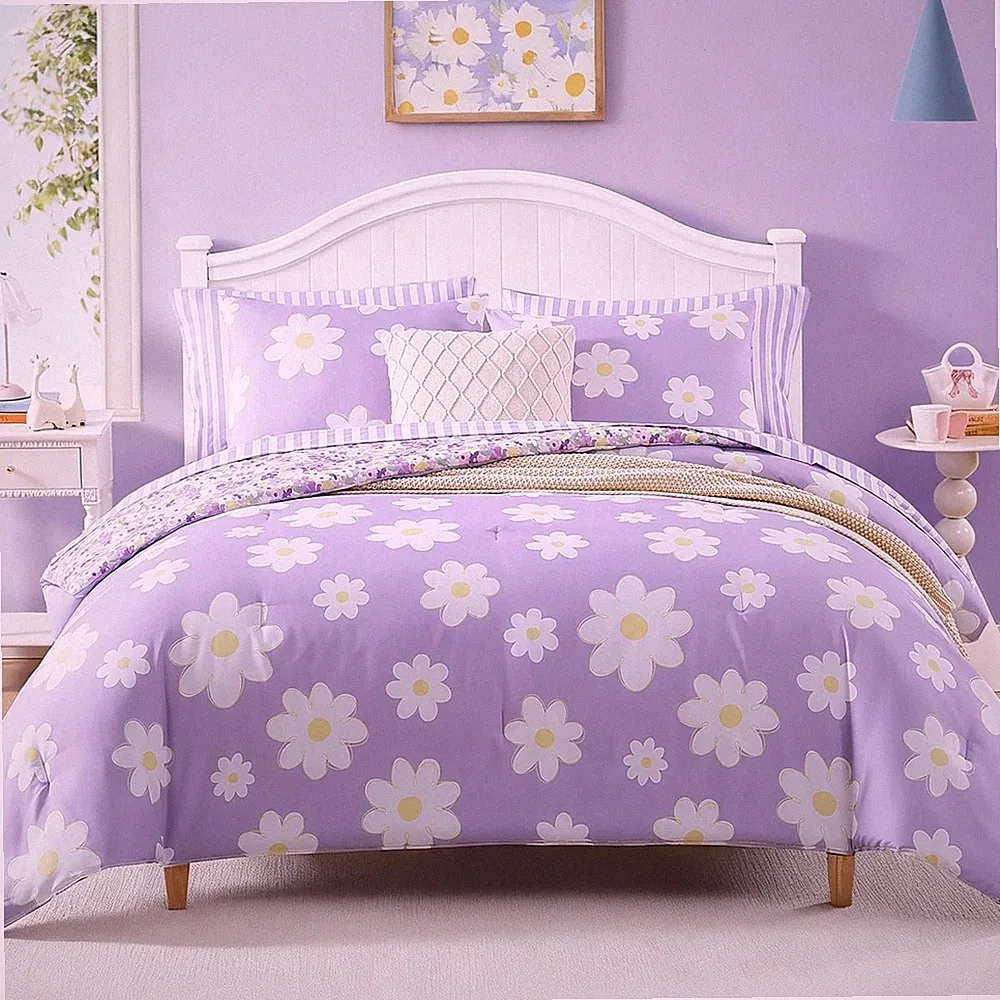 Twin XL Comforter Set for Girls, Purple Daisy Kids Bedding Set Reversible with C