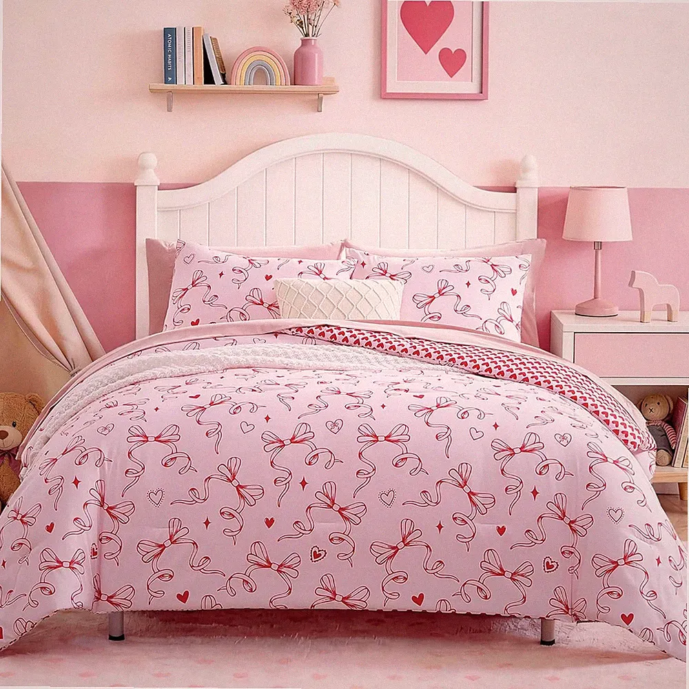 Twin XL Comforter Set for Girls, Red Bow Bedding Set Reversible with Cute Heart